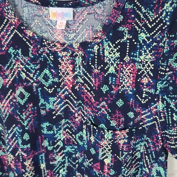 LuLaRoe Carly Dress XS (2/4) Blue Dot Matrix Soft Knit Swing Midi Pocket Hi-Low - Picture 4 of 5